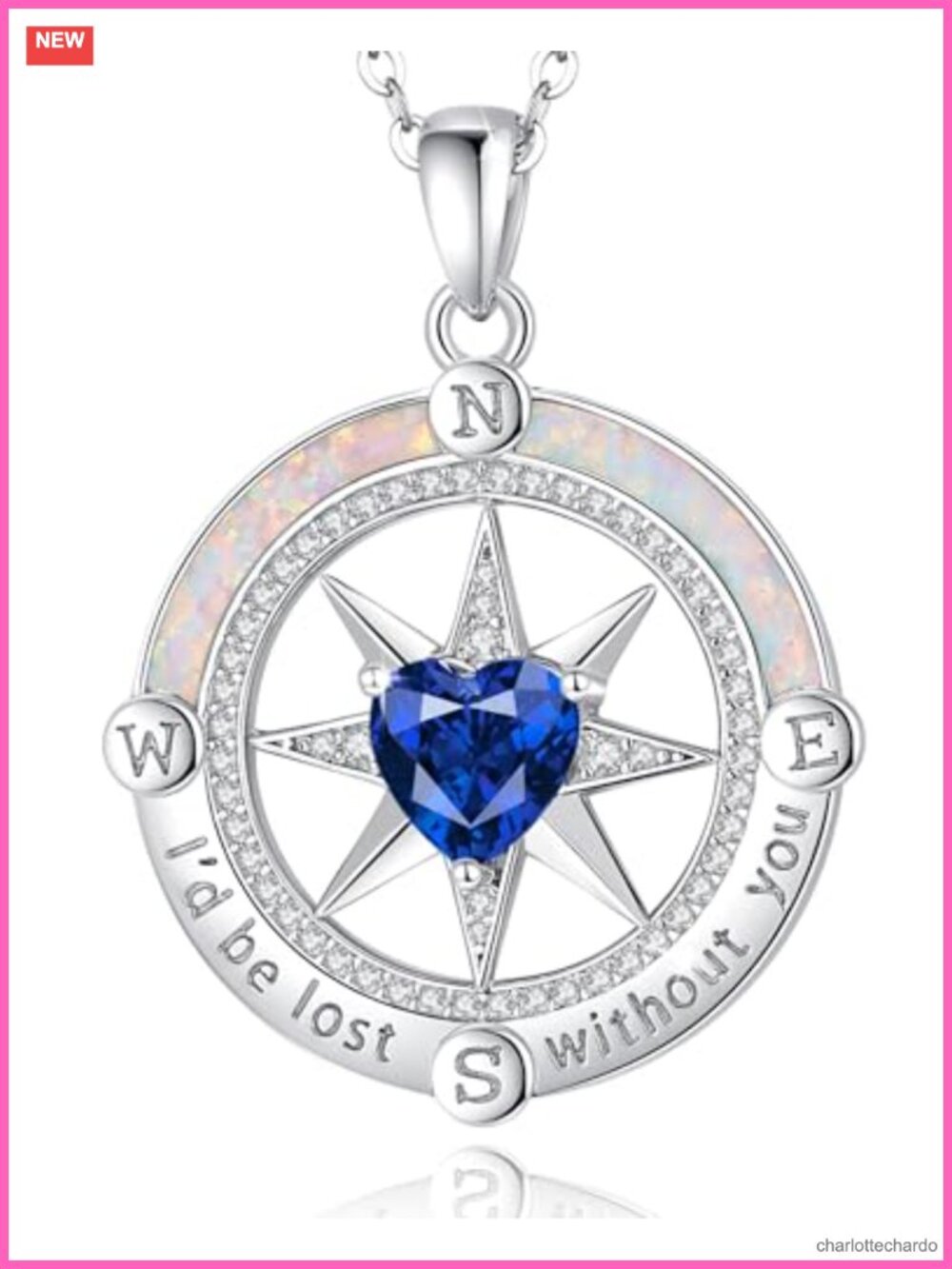 Compass Birthstone Necklace 925 Sterling Silver White Gold Plated Pendant